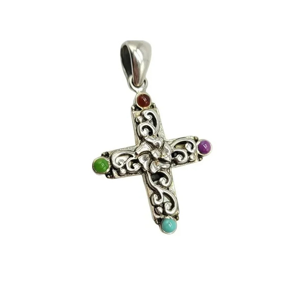 CSX Thailand Sterling Silver .925 Reversible Gemstone Cross Crucifix Vintage - Picture 1 of 4